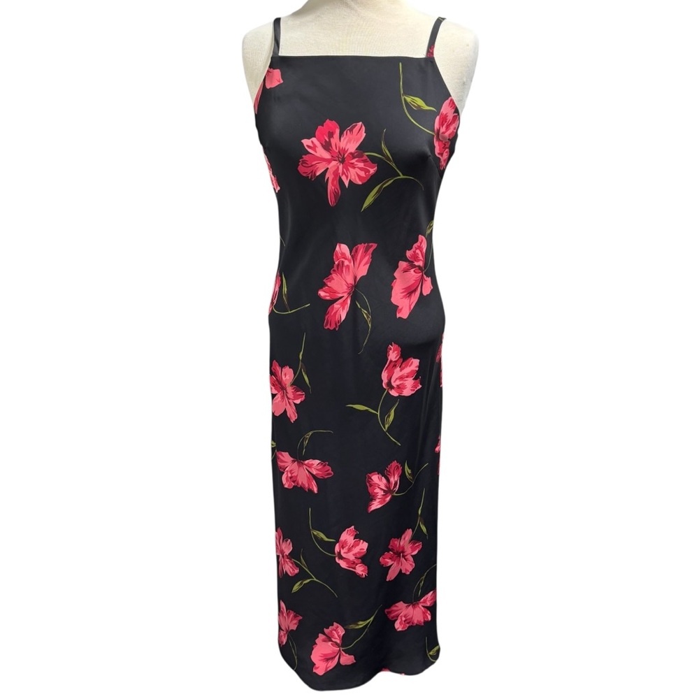 Expressions‎ Vintage 90s Floral Maxi Dress Black Pink Lily Square Neck  8 #166